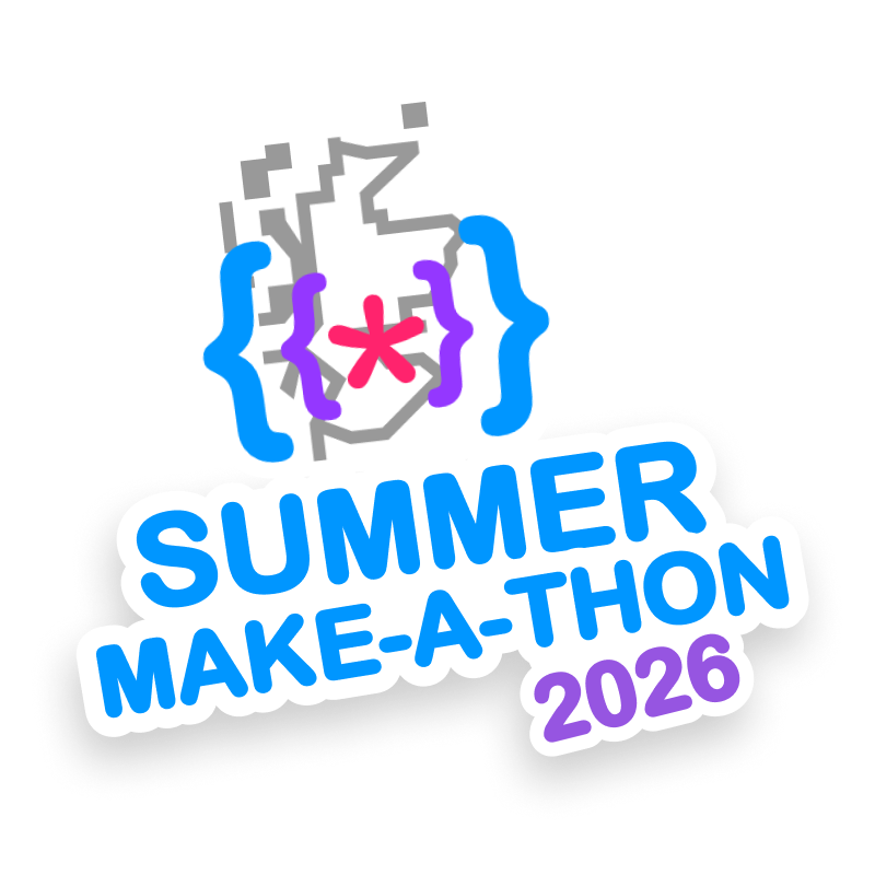 The text 'Summer Make-a-Thon 2026' displayed on top of a photo of three young people tinkering with a small LEGO robot